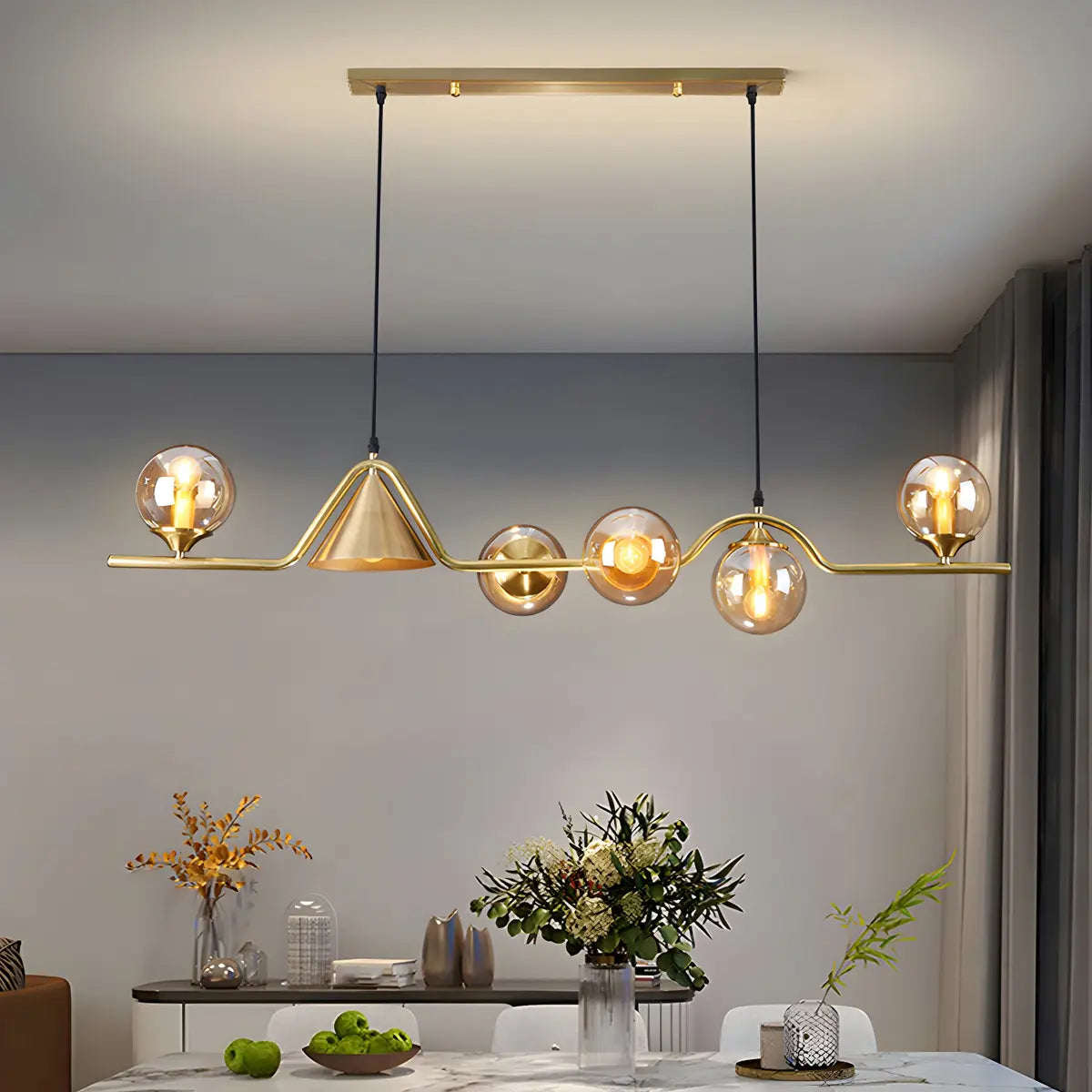 Contemporary Globe Glass Dining Room Pendant Light Gold Image - 18