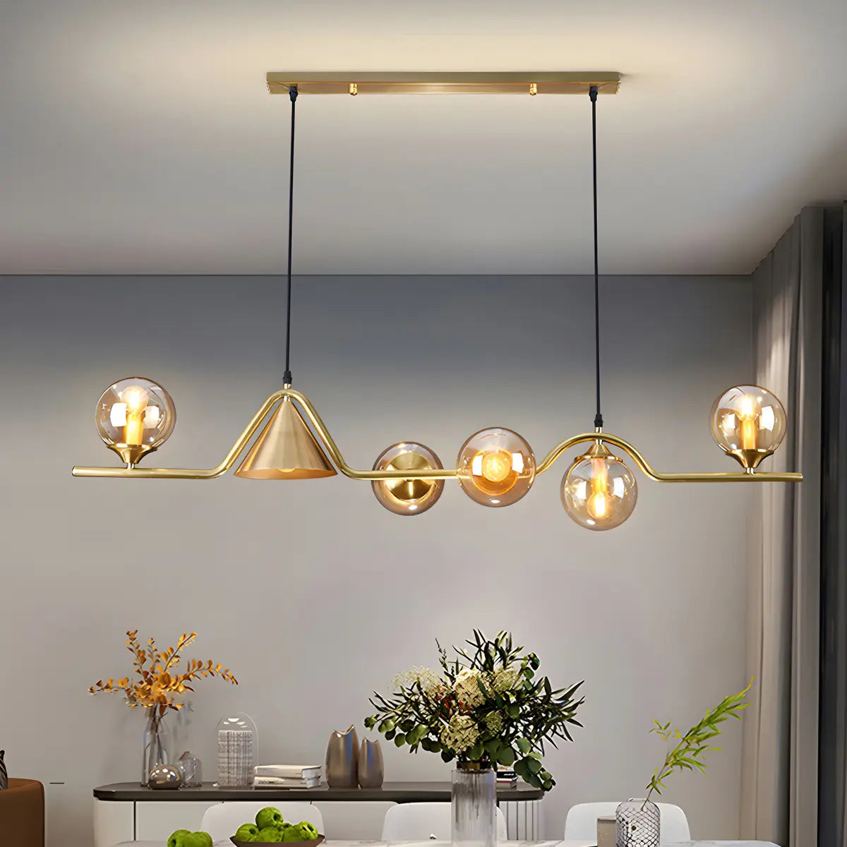 Contemporary Globe Glass Dining Room Pendant Light Gold Image - 5