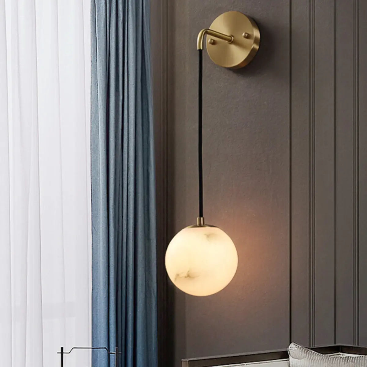 Contemporary Globe White Alabaster Brass Wall Lamp Image - 1