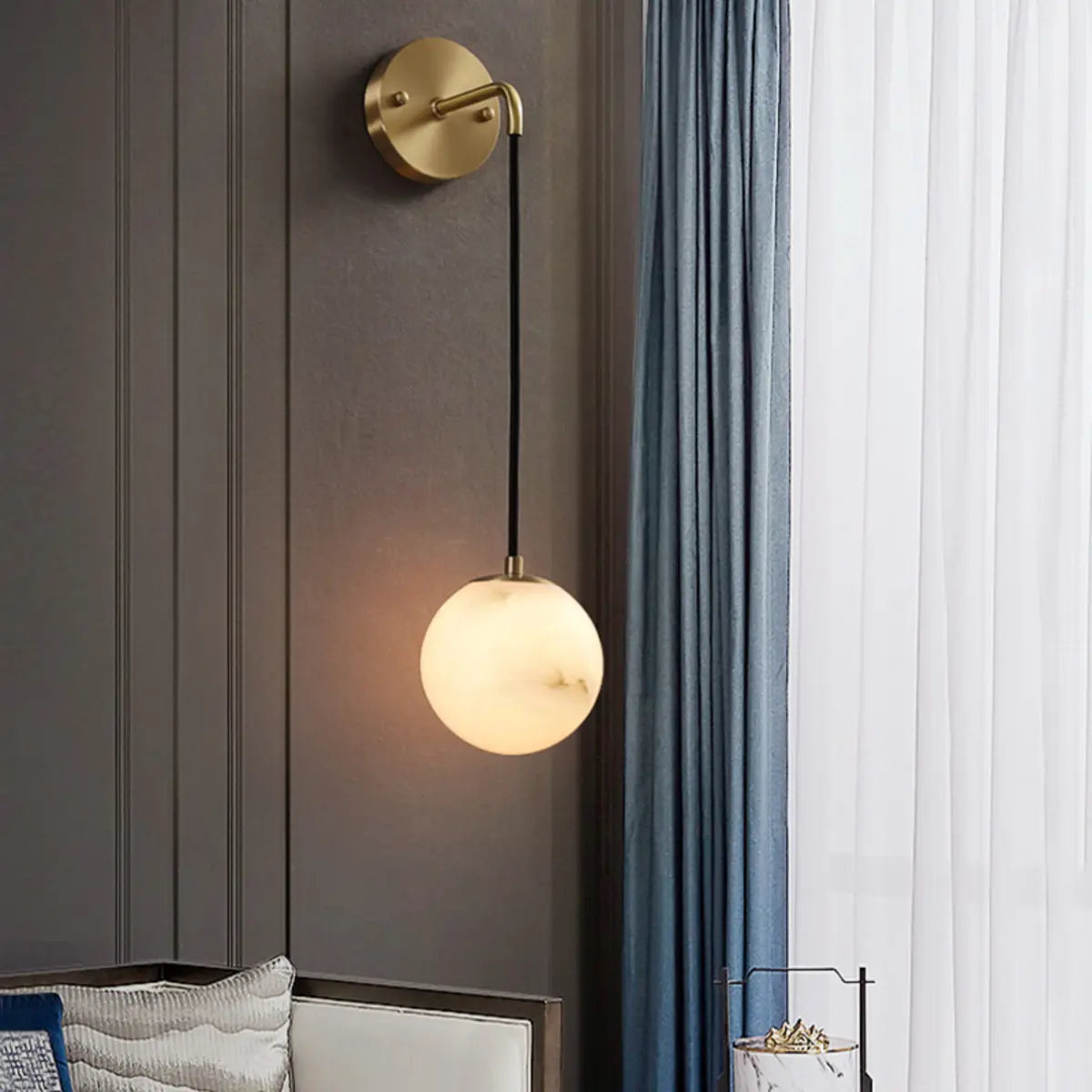 Contemporary Globe White Alabaster Brass Wall Lamp Image - 11