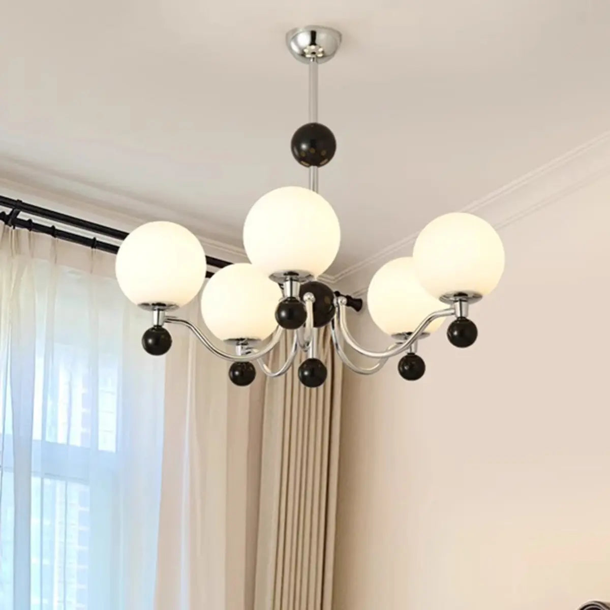 Contemporary Globe White Glass Living Room Black Chandelier Image - 13