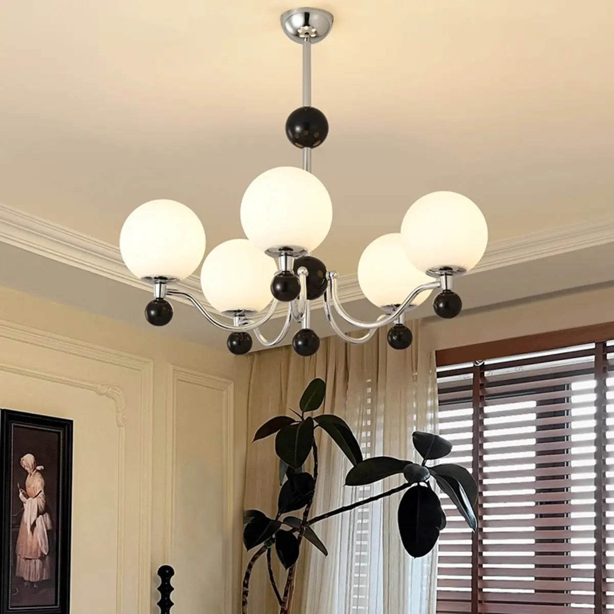 Contemporary Globe White Glass Living Room Black Chandelier Image - 4