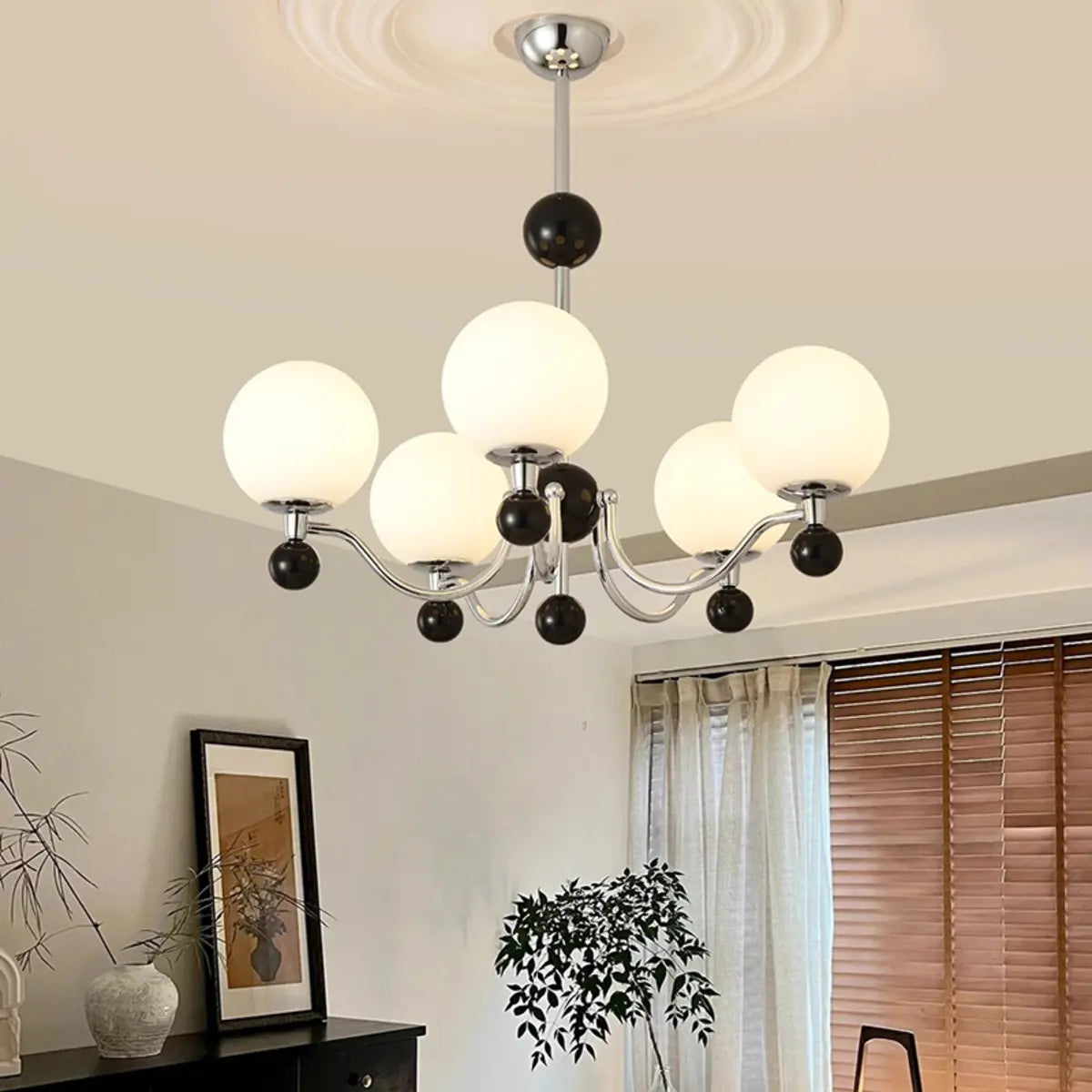 Contemporary Globe White Glass Living Room Black Chandelier Image - 6