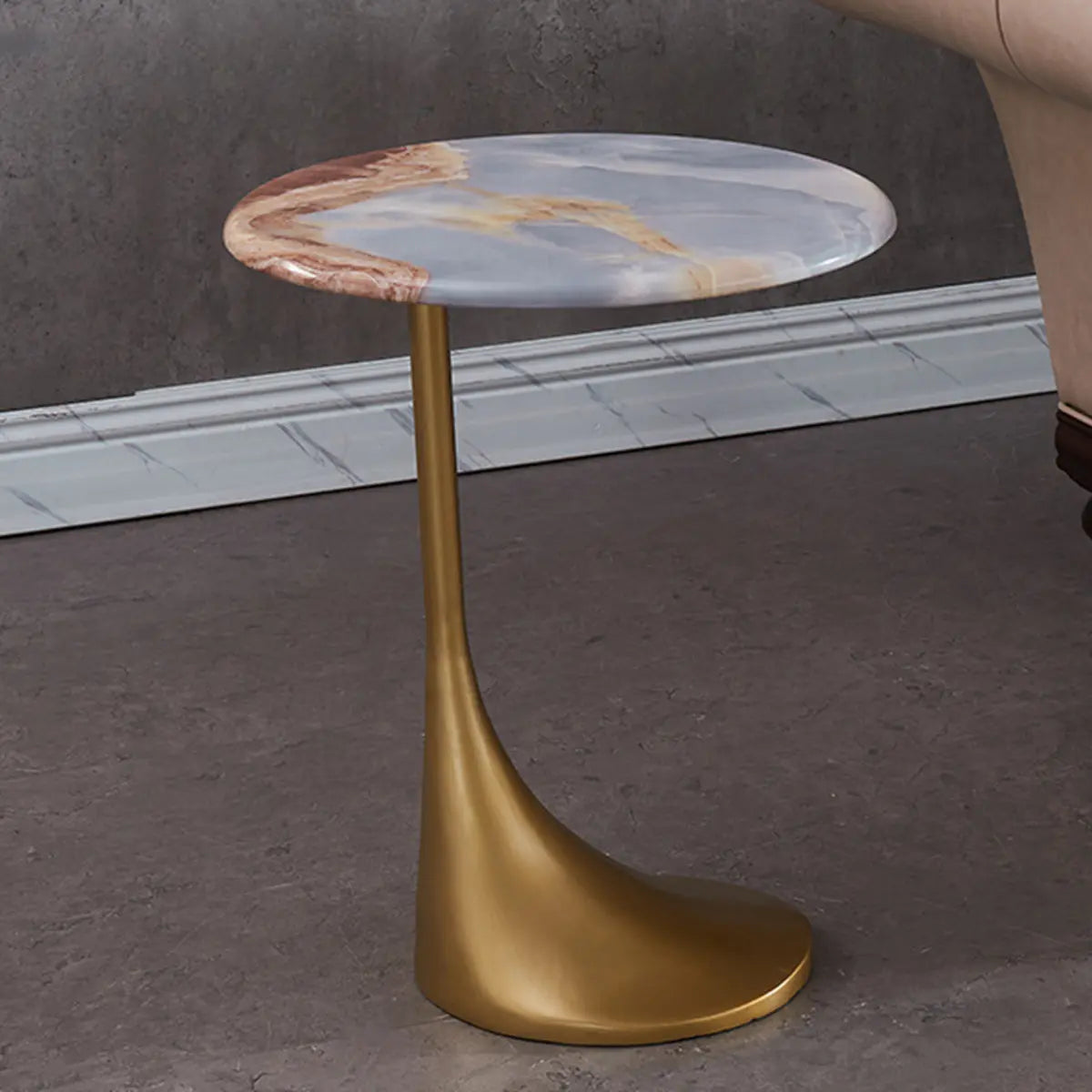 Contemporary Gold Base Round Walnut Wood Side Table Image - 5