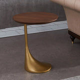 Contemporary Gold Base Round Walnut Wood Side Table Image - 6