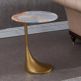 Contemporary Gold Base Round Walnut Wood Side Table Image - 7