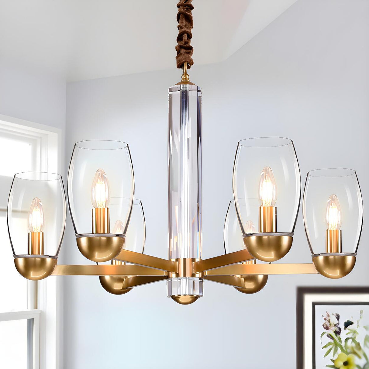 Contemporary Gold Clear Glass Cylinder Chandelier Image - 3