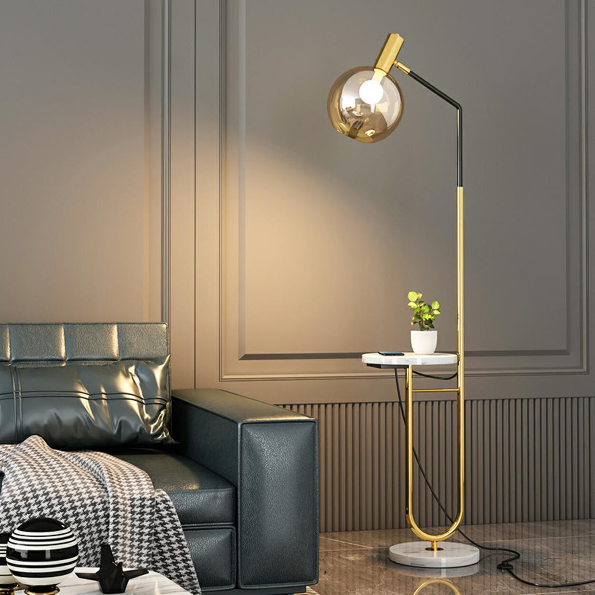 Contemporary Gold Globe Floor Lamp with Marble Storage Image - 1