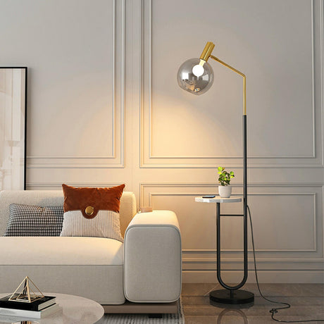 Contemporary Gold Globe Floor Lamp with Marble Storage Image - 2