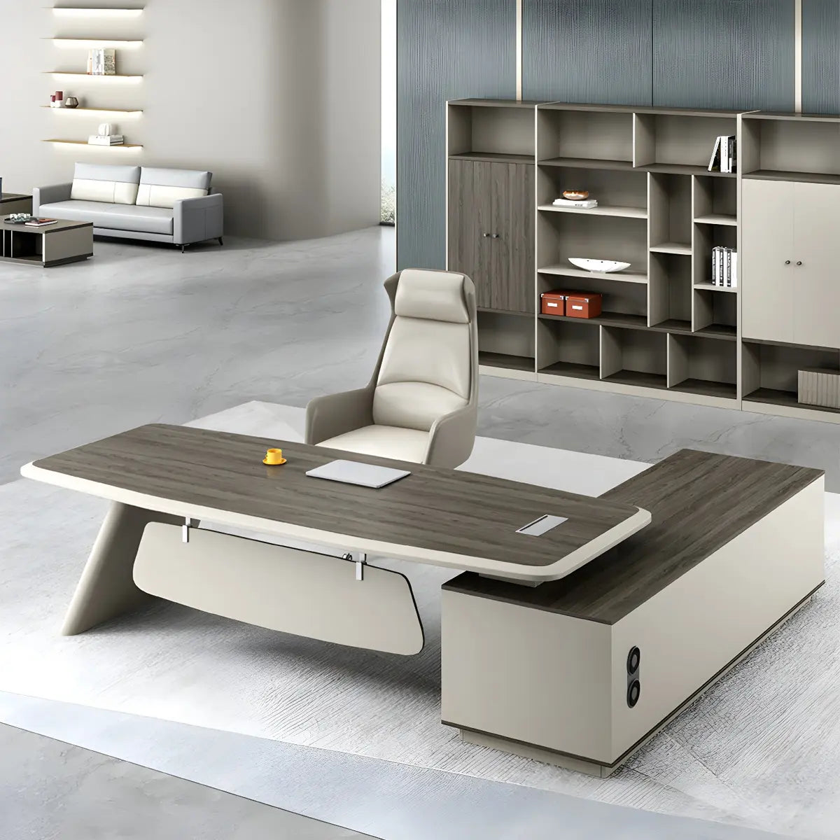 Contemporary L-Shape Gray Wood Cabinet Executive Desk Image - 4