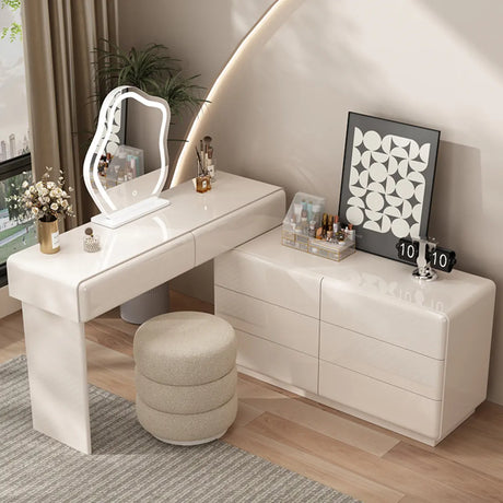 Contemporary L-Shape White Vanity Set with Mirror and Stool Image - 1