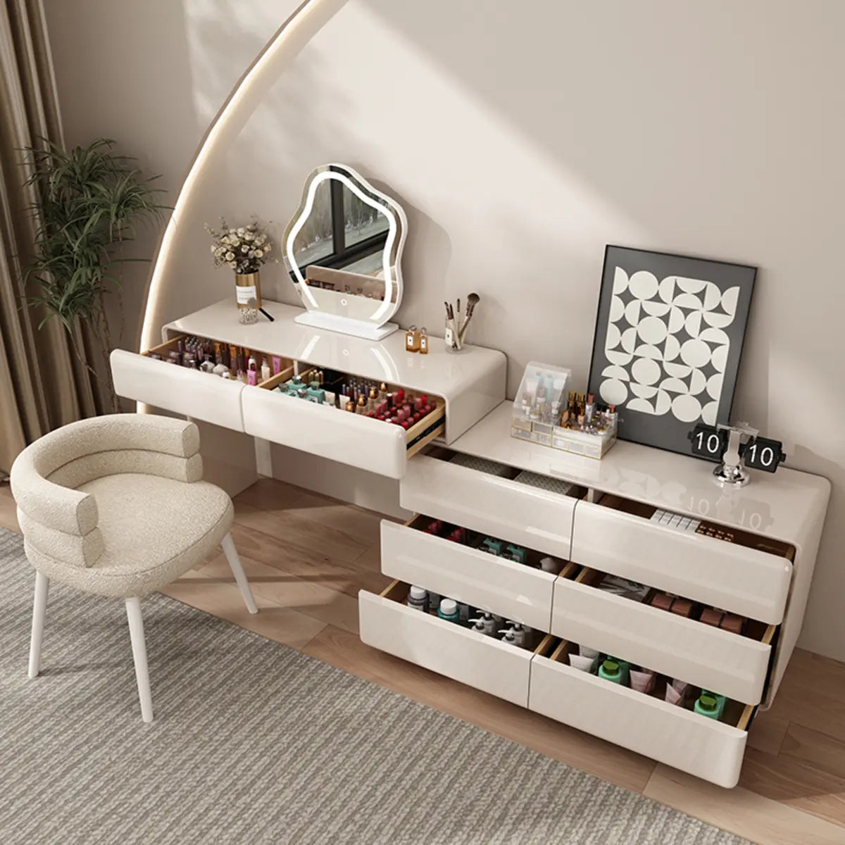 Contemporary L-Shape White Vanity Set with Mirror and Stool Image - 4