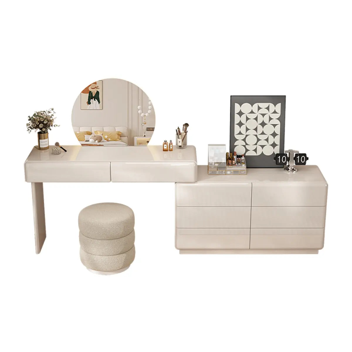 Contemporary L-Shape White Vanity Set with Mirror and Stool Image - 5