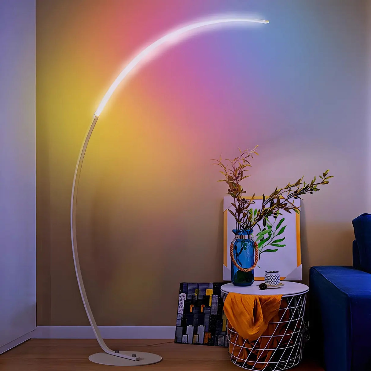 Contemporary Living Room White Arc LED Floor Lamp Image - 1