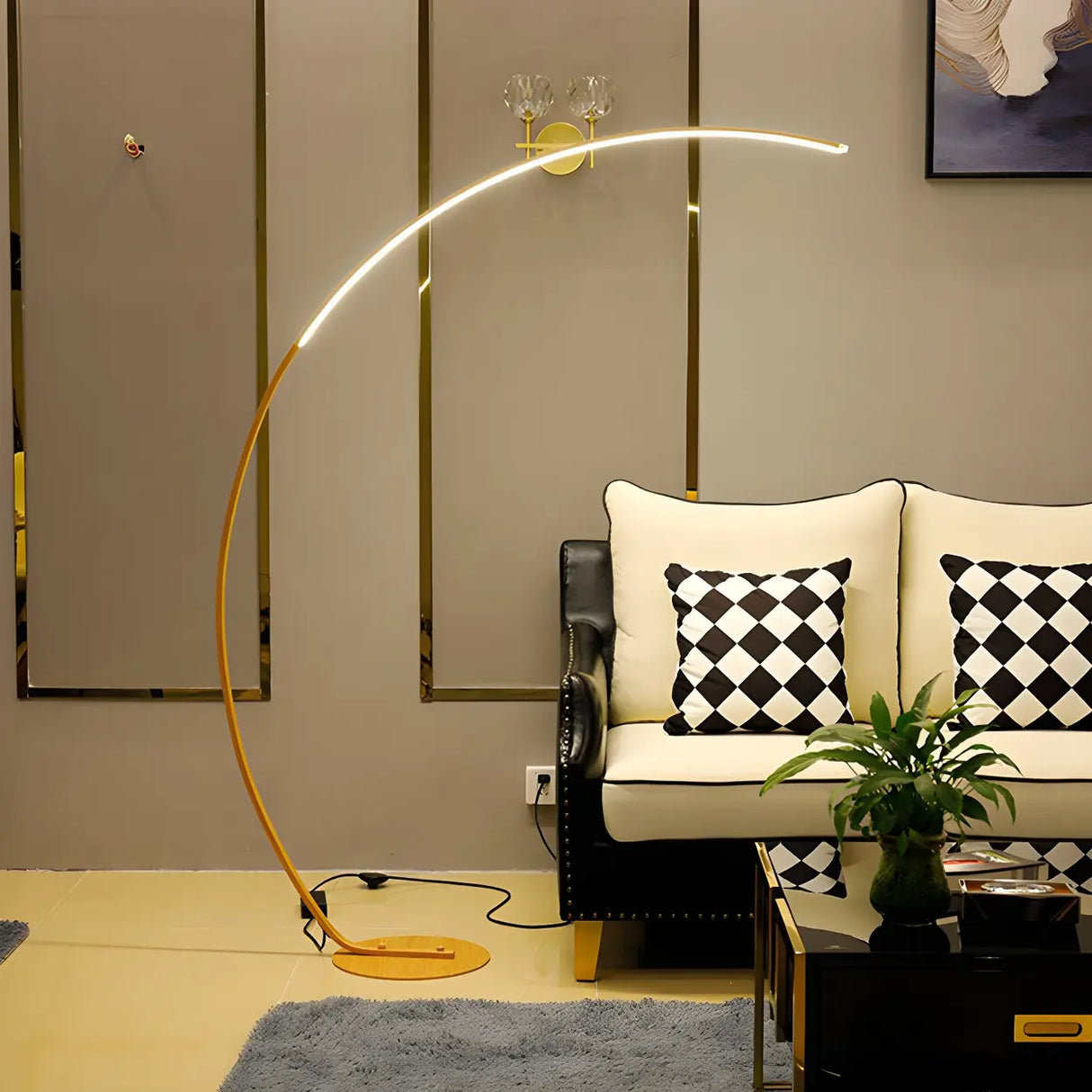 Contemporary Living Room White Arc LED Floor Lamp Image - 14