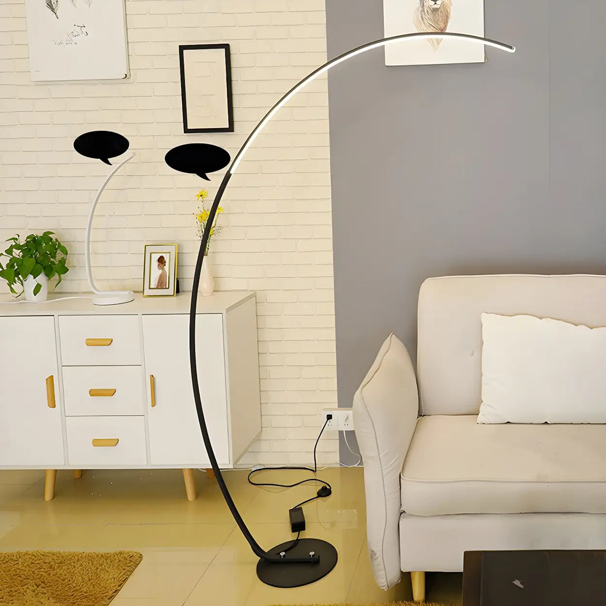 Contemporary Living Room White Arc LED Floor Lamp Image - 15