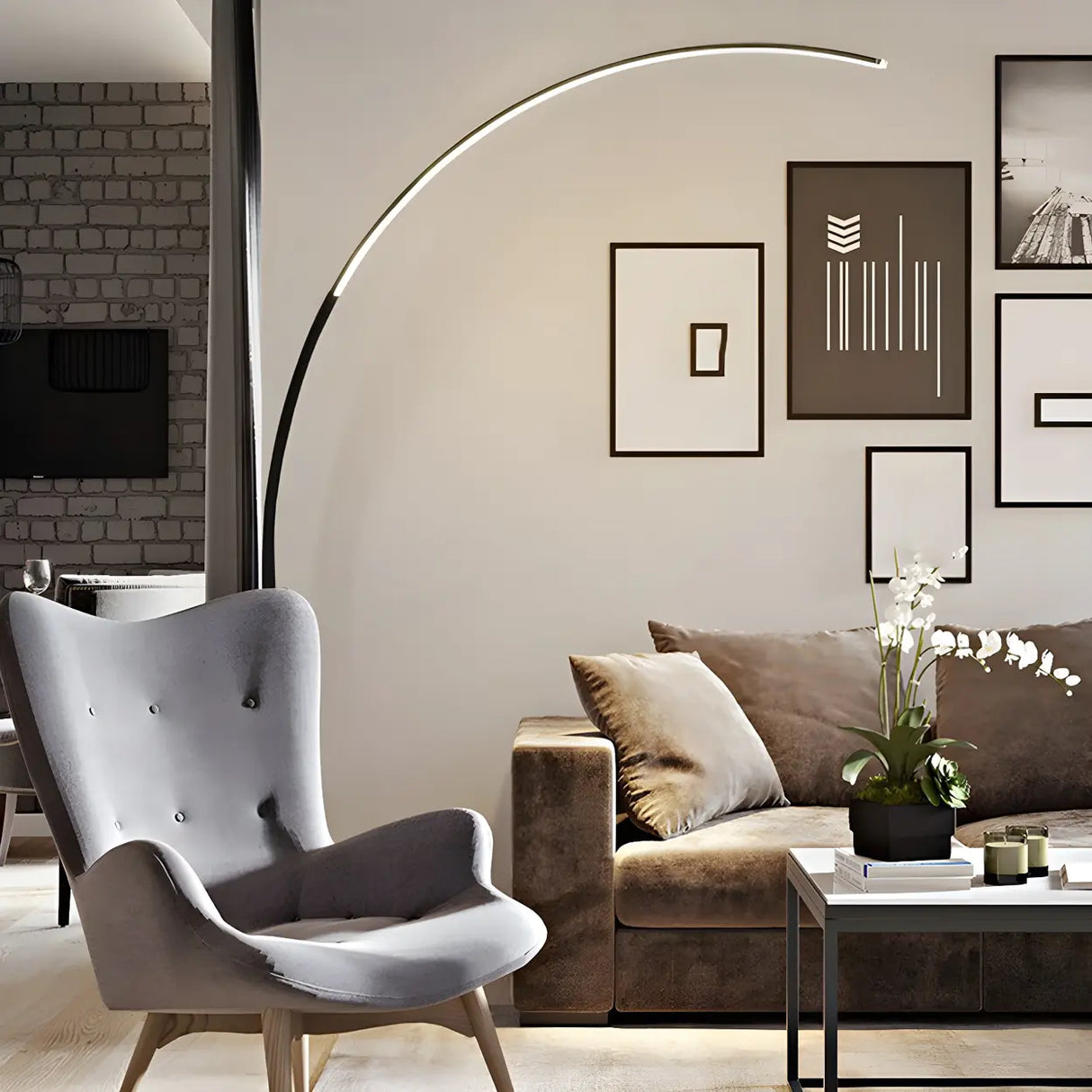 Contemporary Living Room White Arc LED Floor Lamp Image - 18