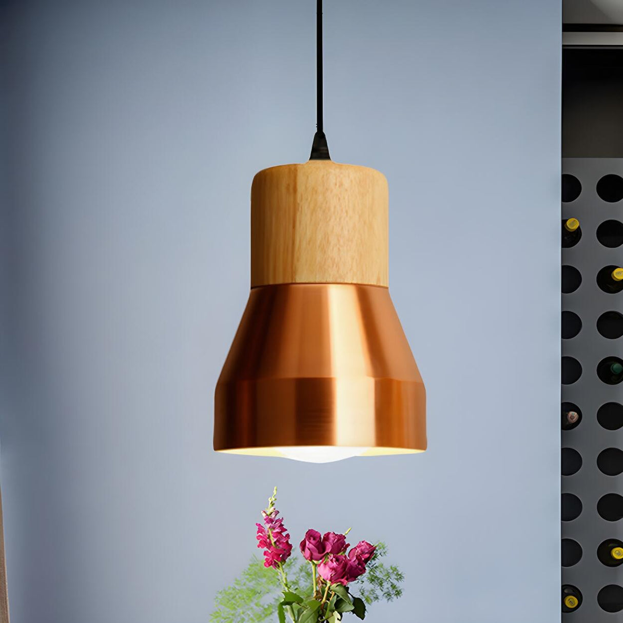 Contemporary Mini Copper Conical Wood Hotel Pendant Light Image - 1