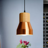 Contemporary Mini Copper Conical Wood Hotel Pendant Light Image - 1