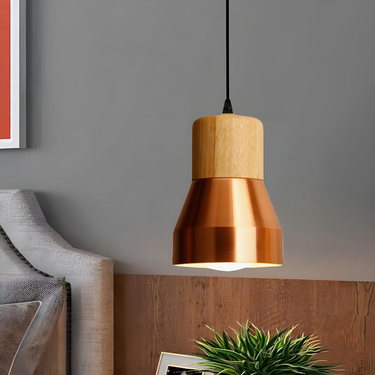 Contemporary Mini Copper Conical Wood Hotel Pendant Light Image - 2