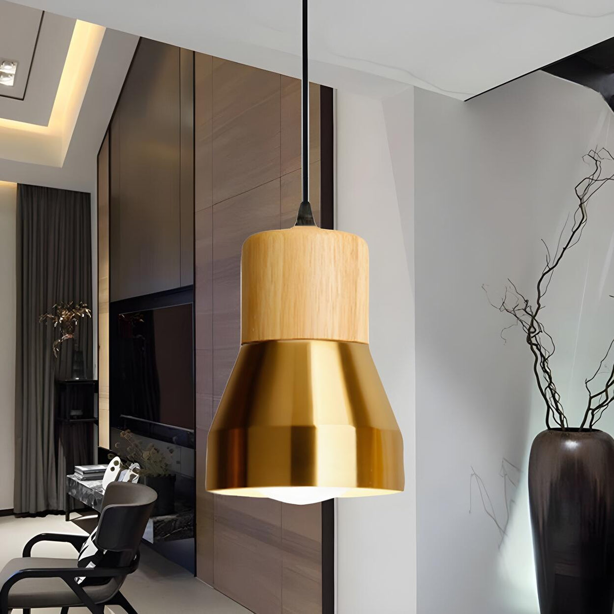 Contemporary Mini Copper Conical Wood Hotel Pendant Light Image - 5