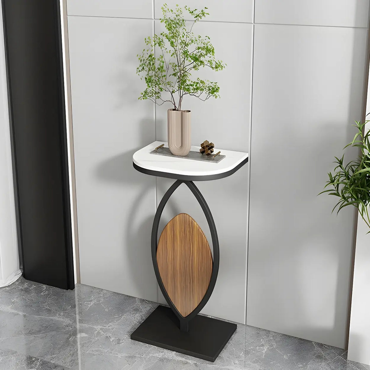 Contemporary Oval Base Metal Black Stone Top Plant Stand Image - 1