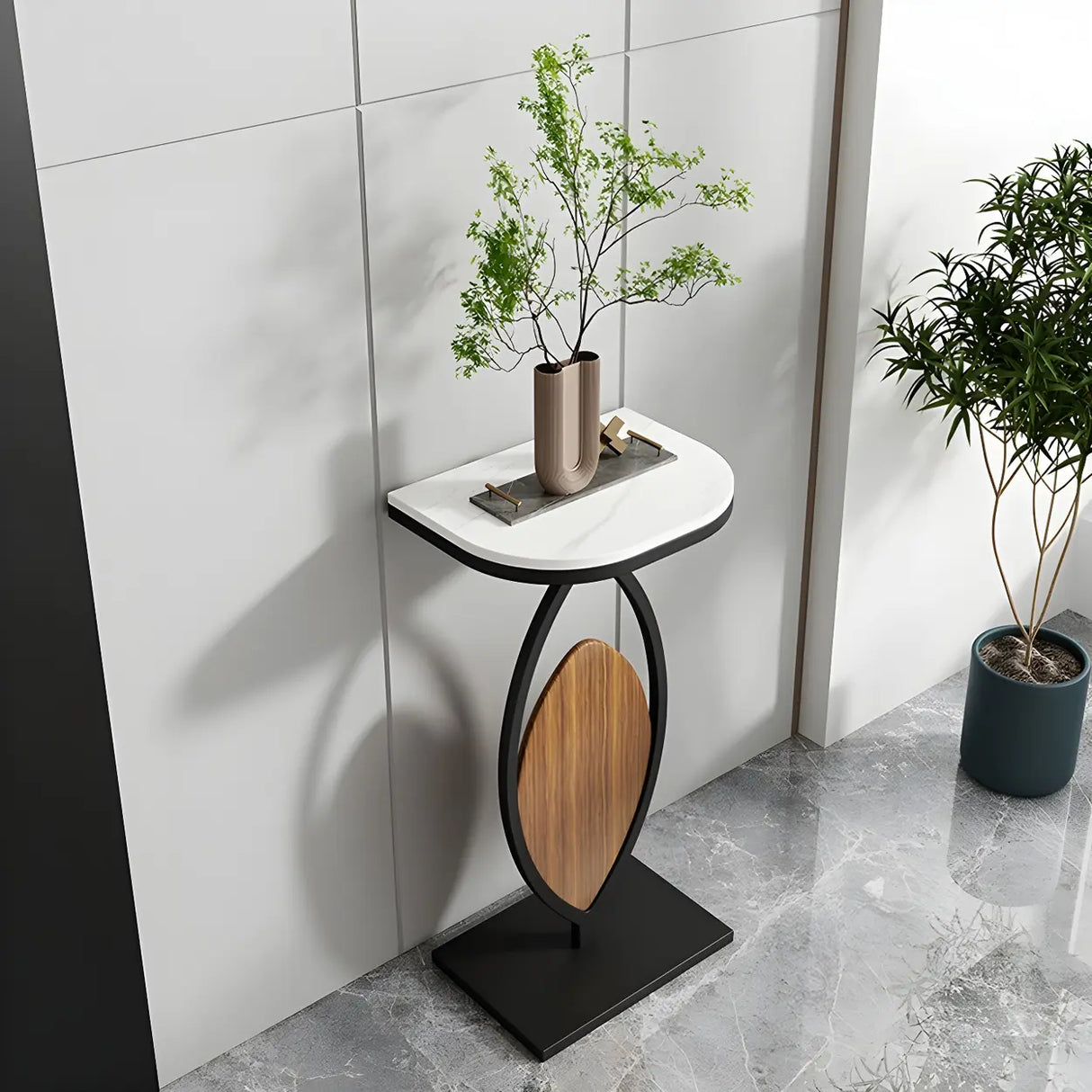 Contemporary Oval Base Metal Black Stone Top Plant Stand Image - 14