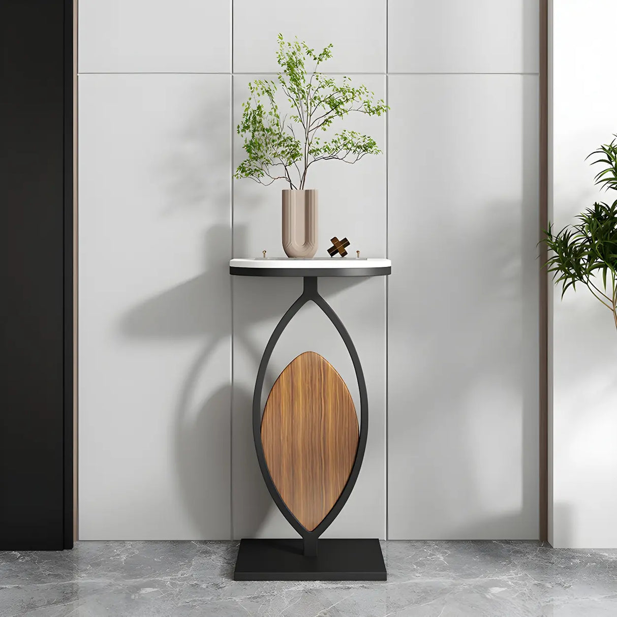 Contemporary Oval Base Metal Black Stone Top Plant Stand Image - 8