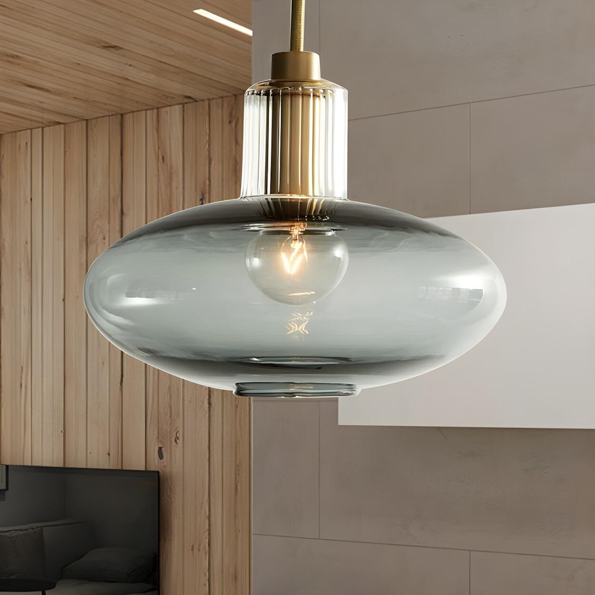 Contemporary Oval Smoky Grey Glass Bedroom Pendant Light Image - 3