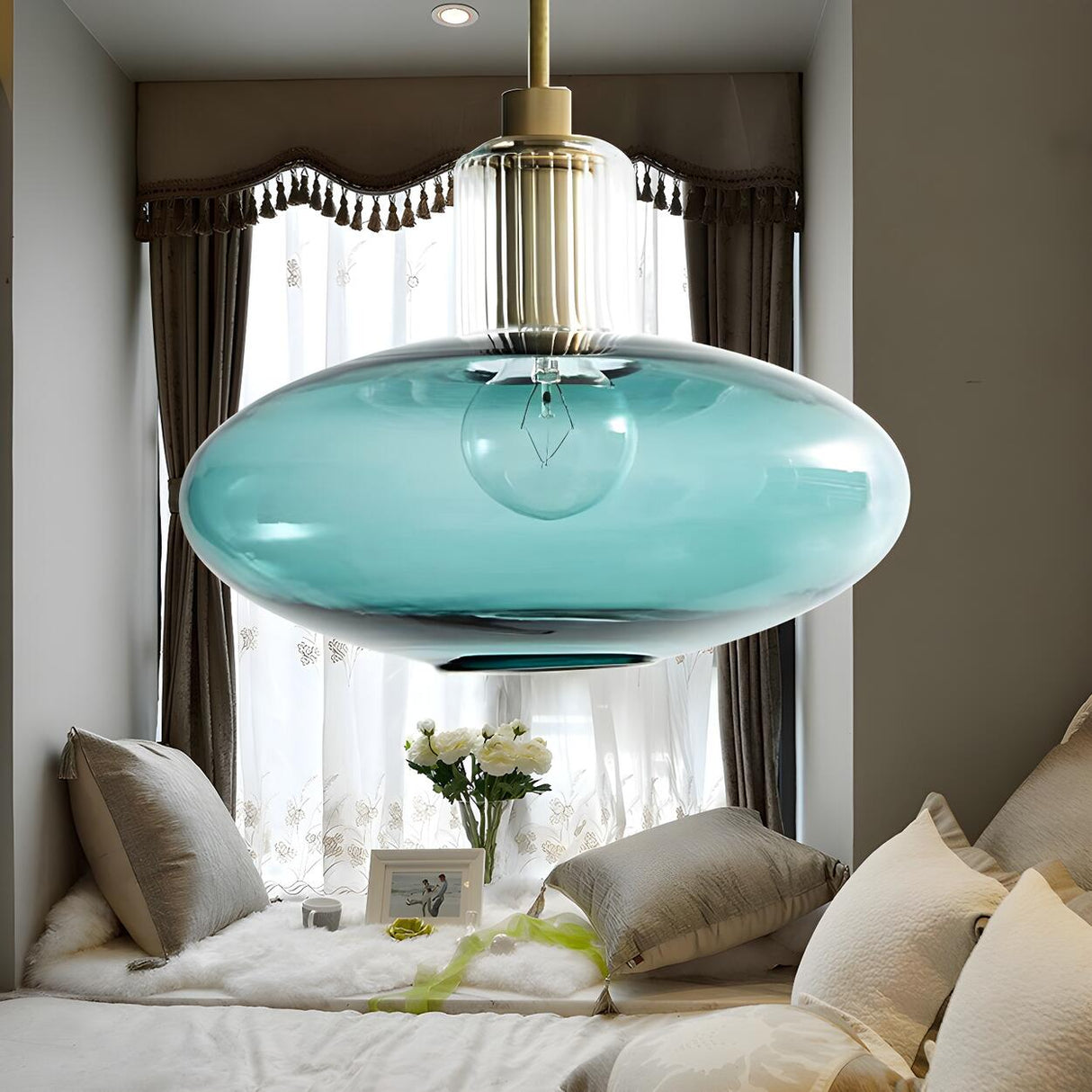 Contemporary Oval Smoky Grey Glass Bedroom Pendant Light Image - 8