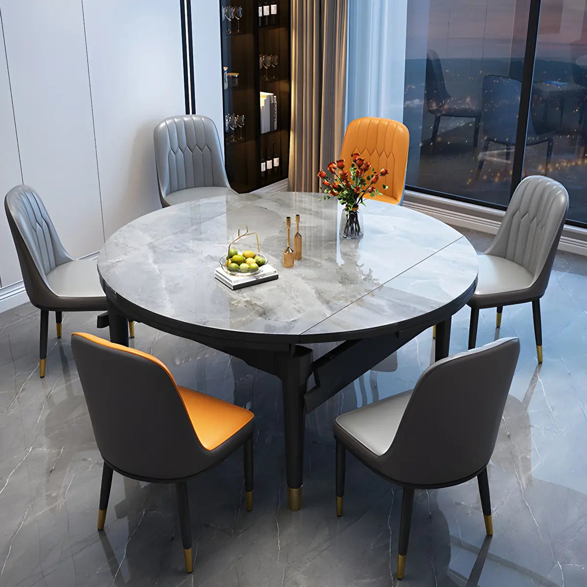 Contemporary Oval Stone Marble Dining Table Extendable Gray Image - 4