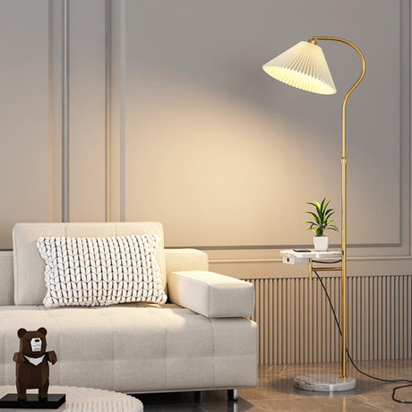 Contemporary Pleated and Marble Shelf Gold Floor Lamp Image - 1