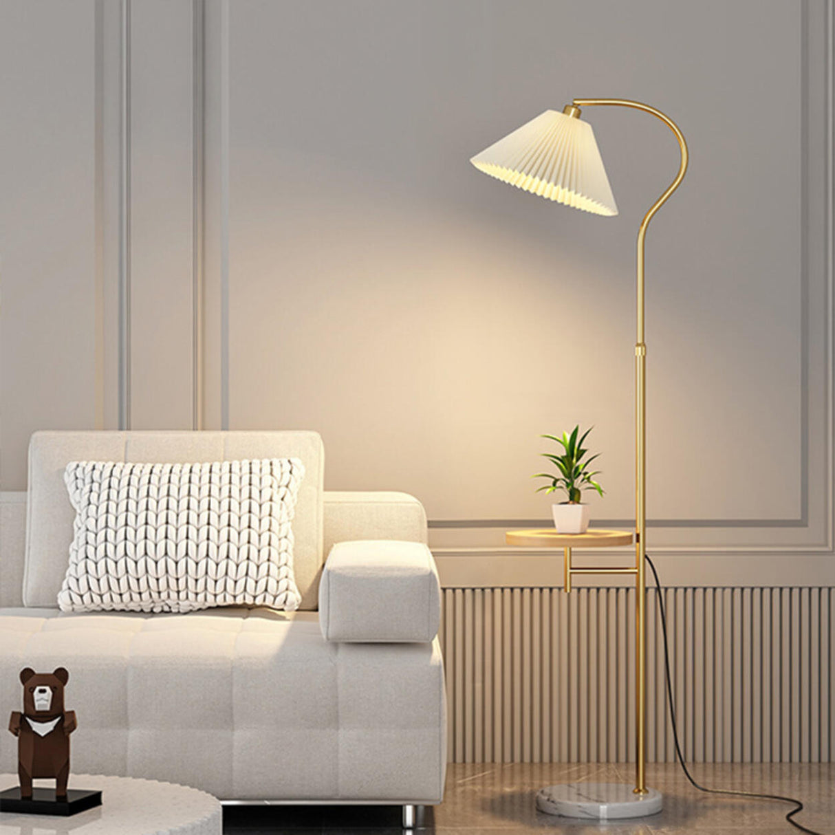 Contemporary Pleated and Marble Shelf Gold Floor Lamp Image - 13