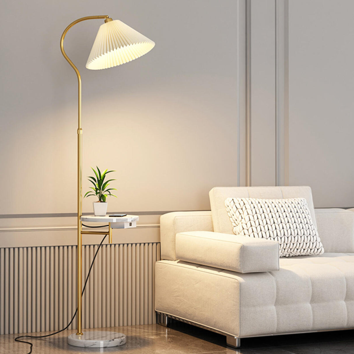 Contemporary Pleated and Marble Shelf Gold Floor Lamp Image - 18