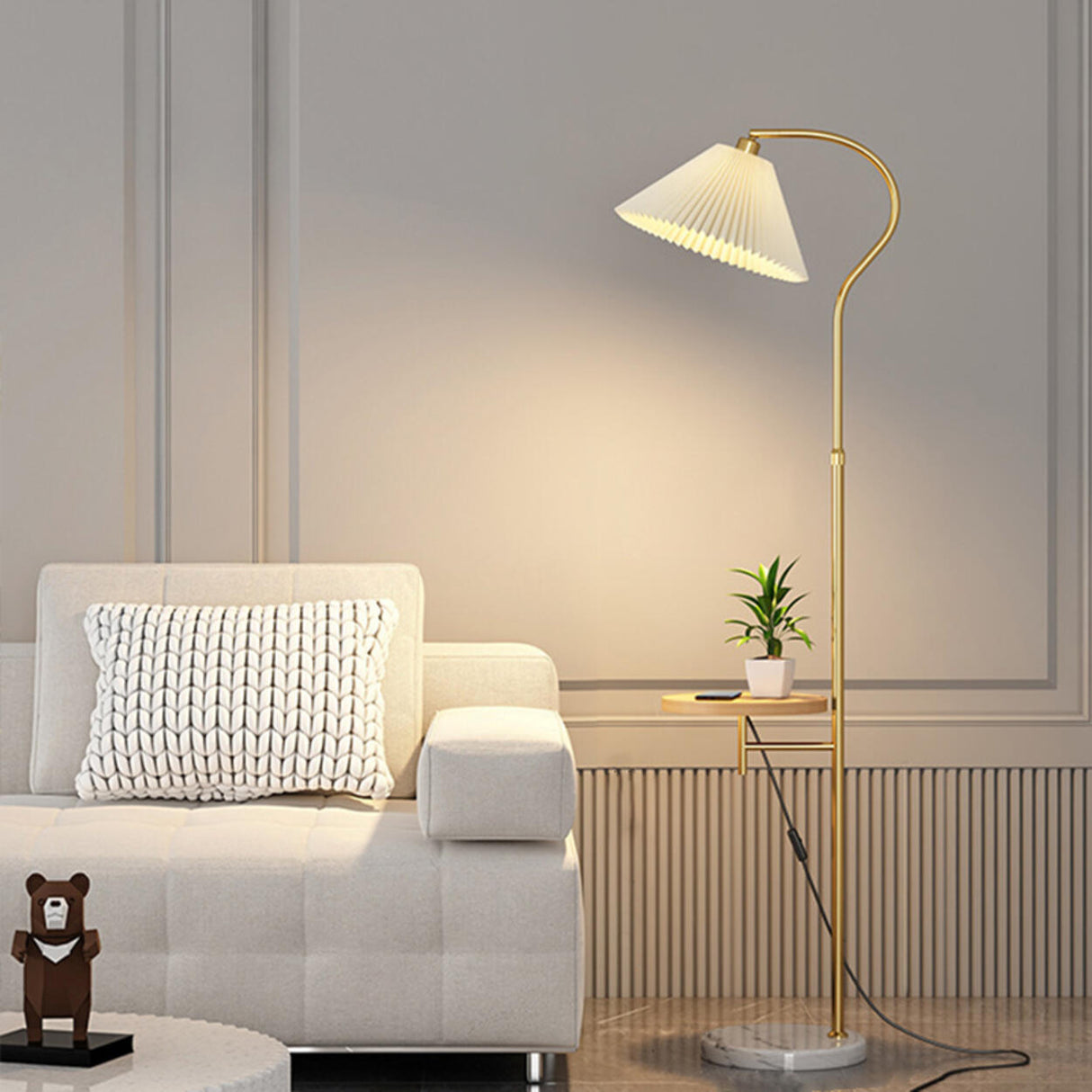 Contemporary Pleated and Marble Shelf Gold Floor Lamp Image - 5