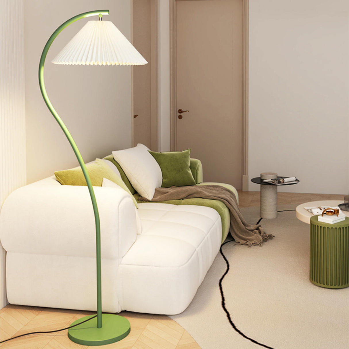 Contemporary Pleated Shade Green Curved Floor Lamp Image - 1