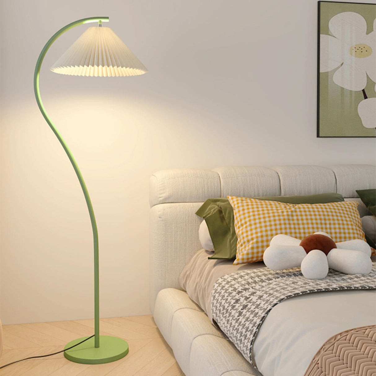 Contemporary Pleated Shade Green Curved Floor Lamp Image - 3