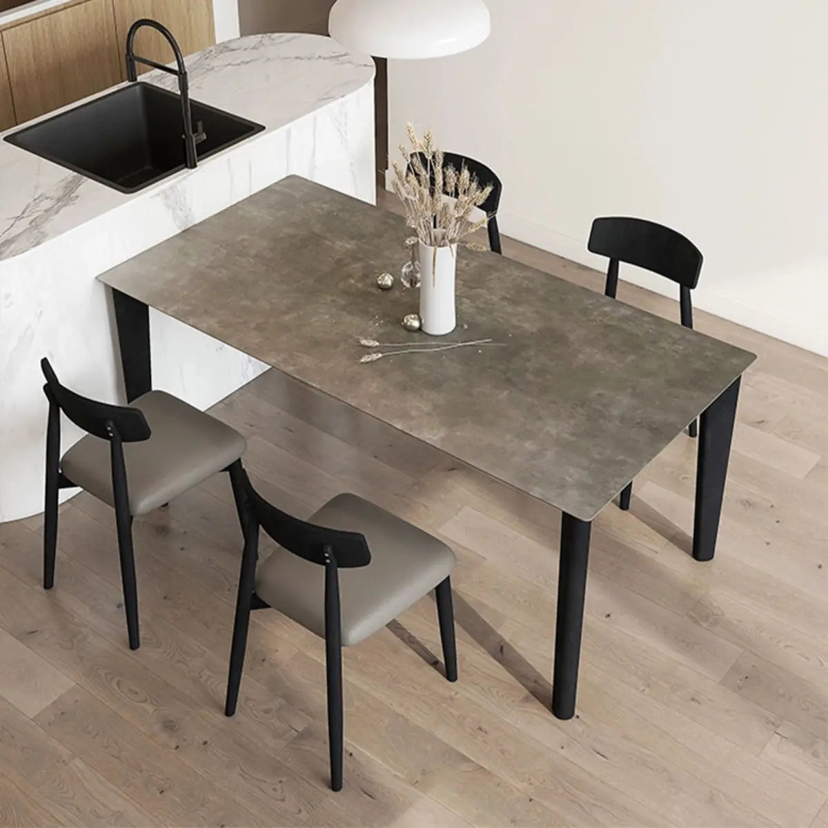 Contemporary Rectangle Grey Stone Wood Dining Table Image - 4