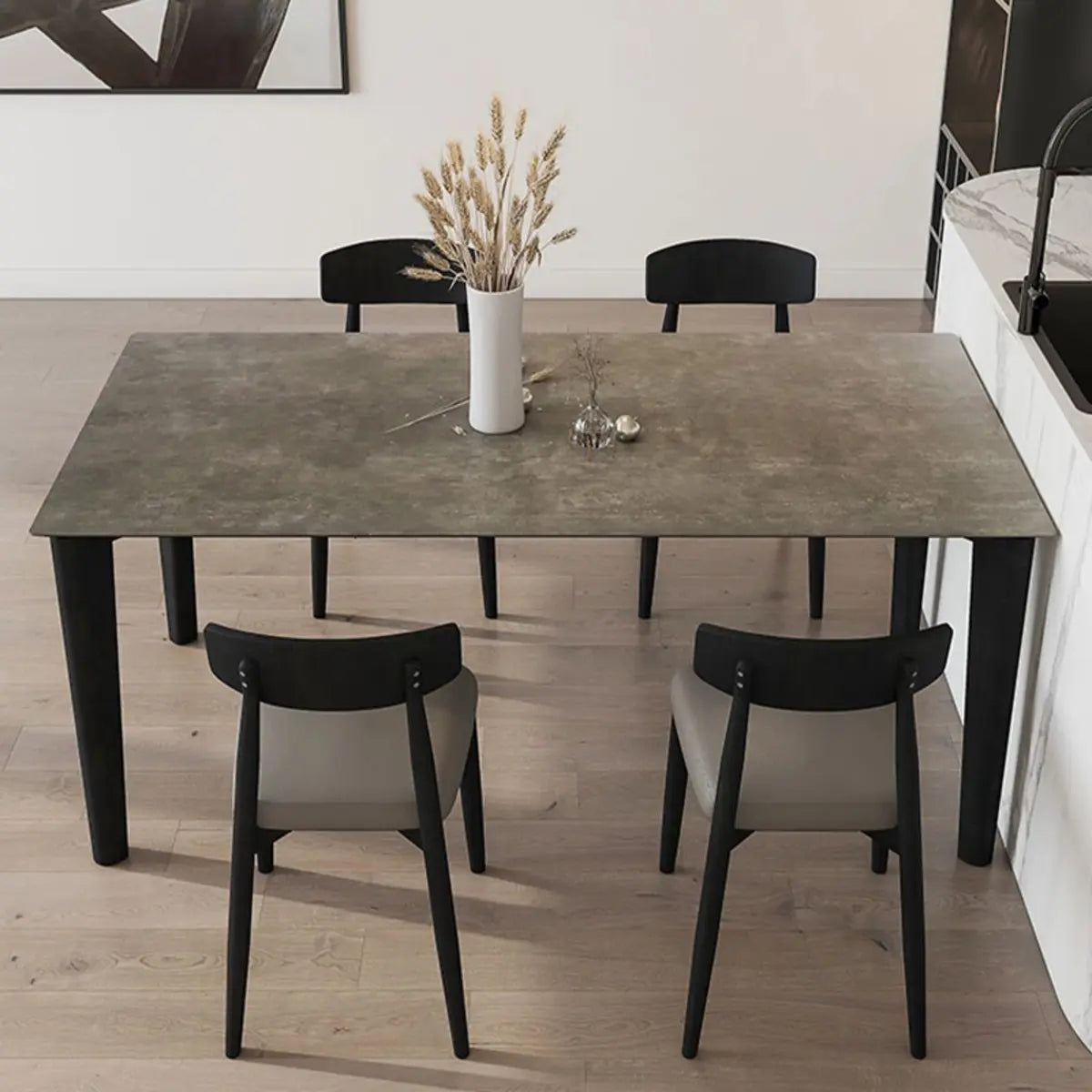 Contemporary Rectangle Grey Stone Wood Dining Table Image - 5