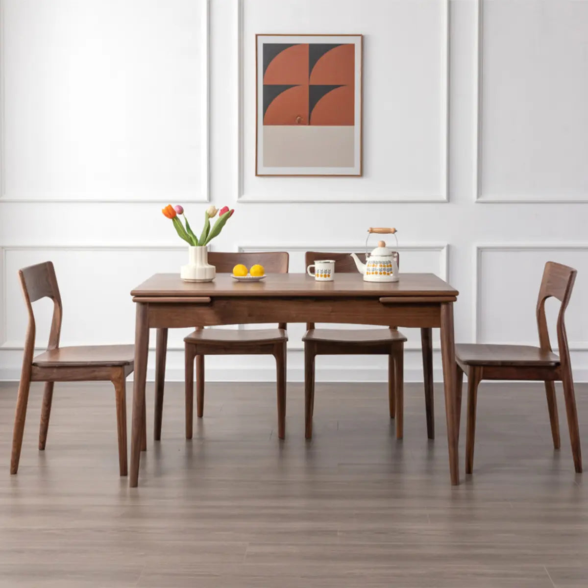 Contemporary Rectangular Walnut Dining Table Extendable Leaf Image - 2