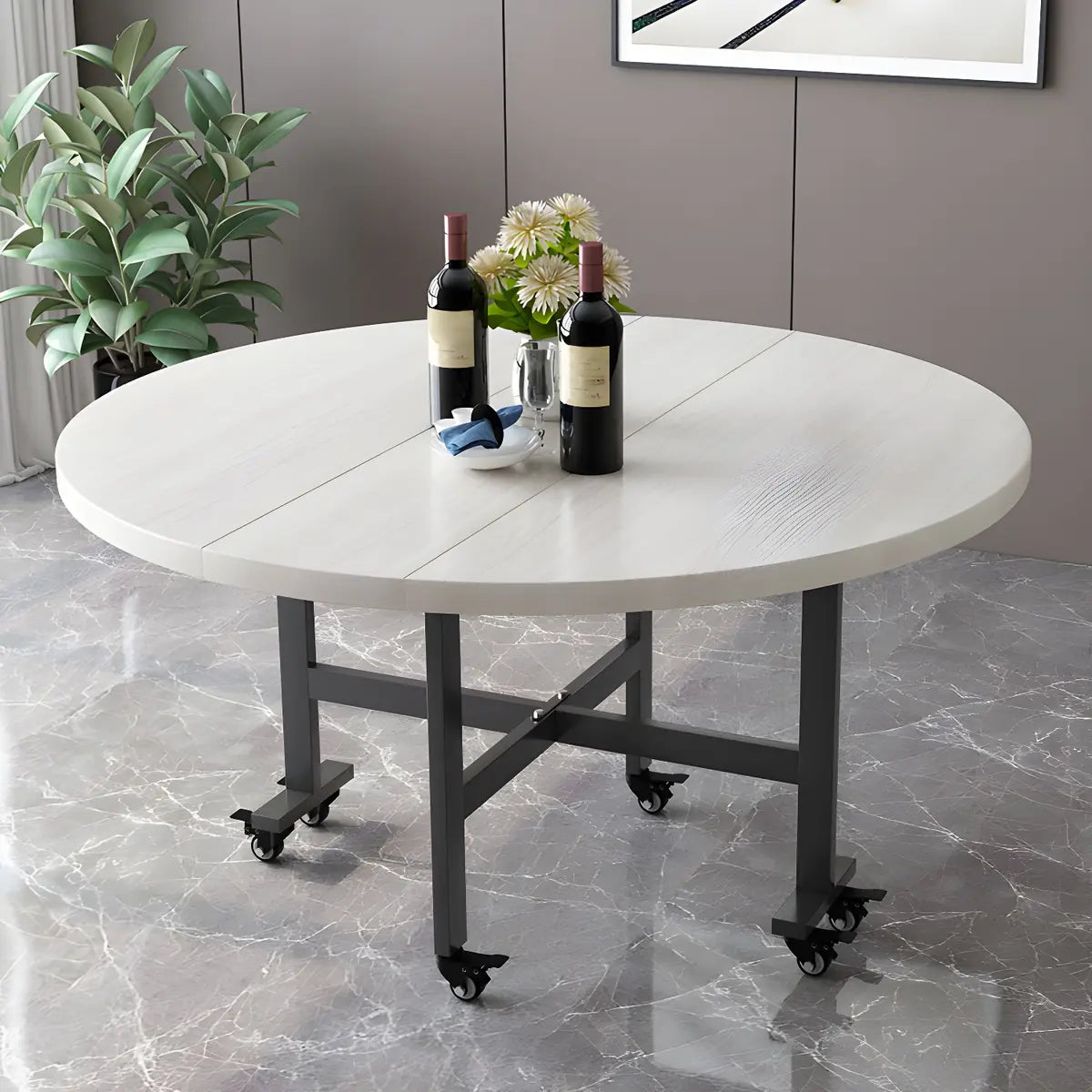 Contemporary Round Marble Folding Dining Table White Image - 3