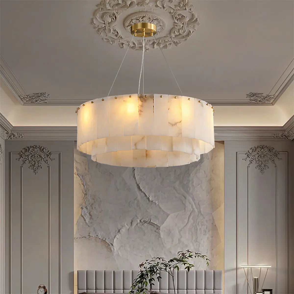 Contemporary Round Tiered Alabaster Pendant Light Chandelier Image - 2