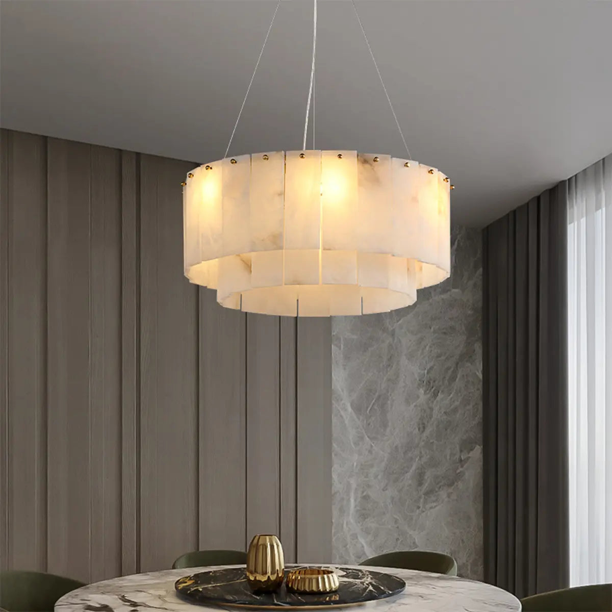 Contemporary Round Tiered Alabaster Pendant Light Chandelier Image - 3