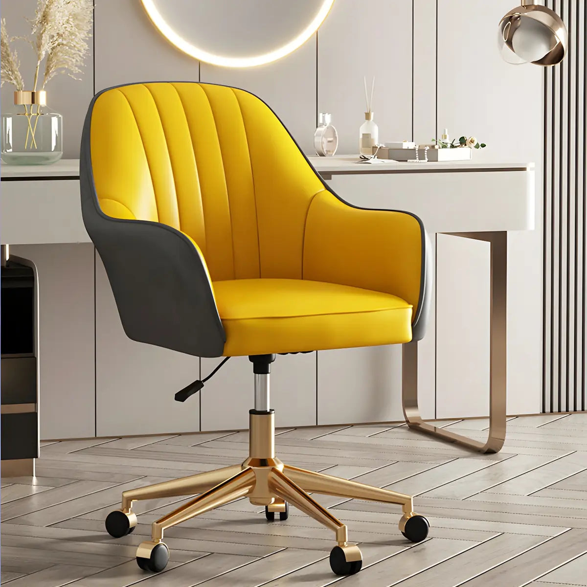 Contemporary Swivel Leather Wheels Yellow Office Chair Image - 1