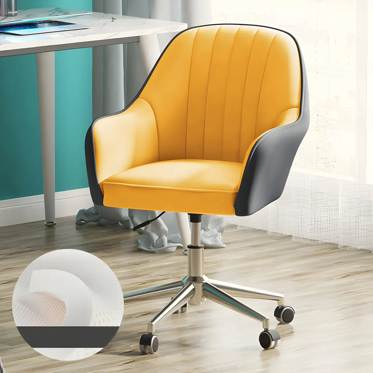 Contemporary Swivel Leather Wheels Yellow Office Chair Image - 10