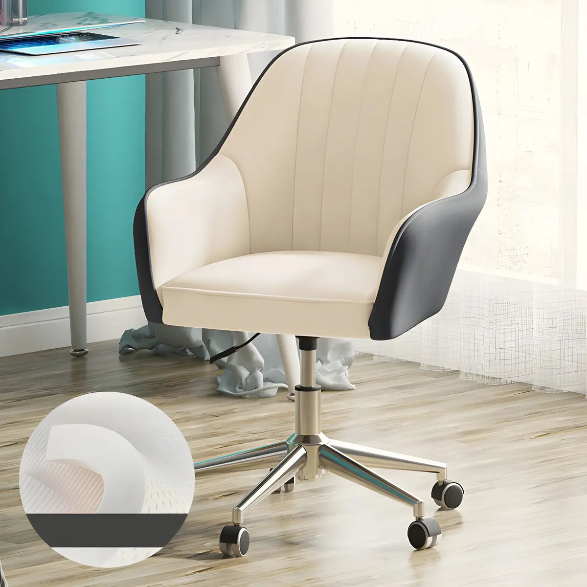 Contemporary Swivel Leather Wheels Yellow Office Chair Image - 12