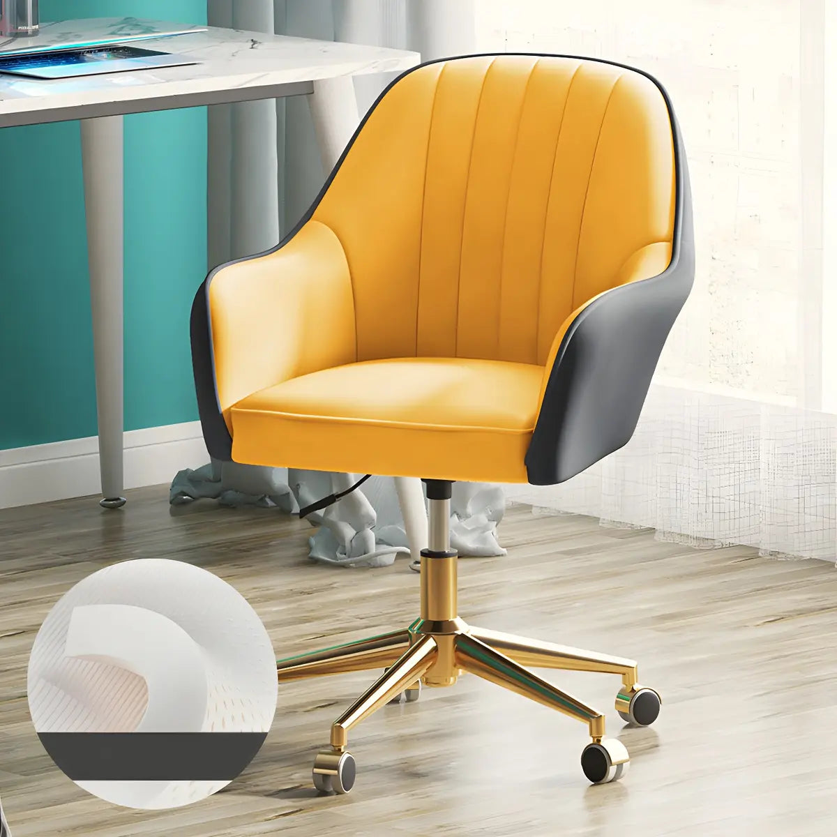 Contemporary Swivel Leather Wheels Yellow Office Chair Image - 18