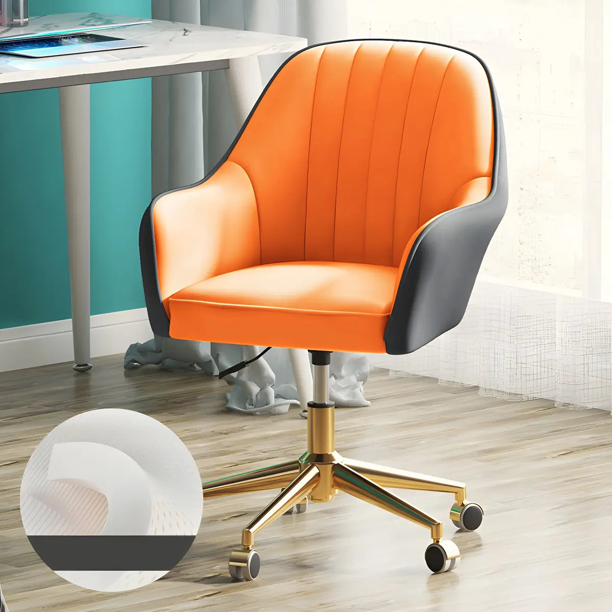 Contemporary Swivel Leather Wheels Yellow Office Chair Image - 21