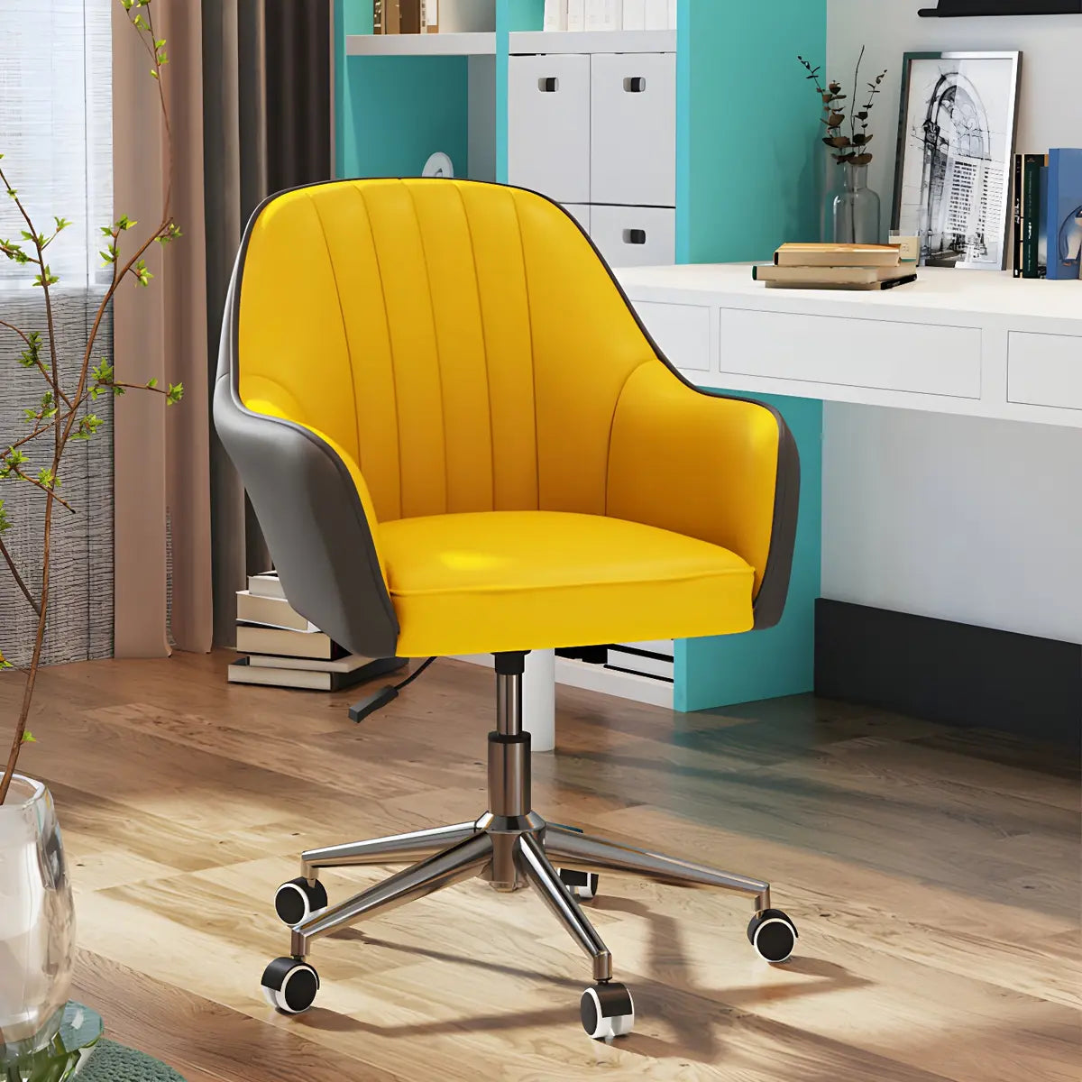 Contemporary Swivel Leather Wheels Yellow Office Chair Image - 7