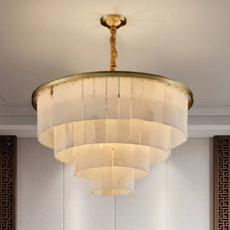 Contemporary Tiered Alabaster Gold Hanging Chandelier Image - 1